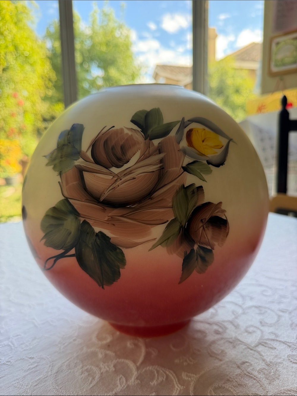 AntiqueVictorian or VTG GWTW hand-painted satin glass hurricane lamp shade globe